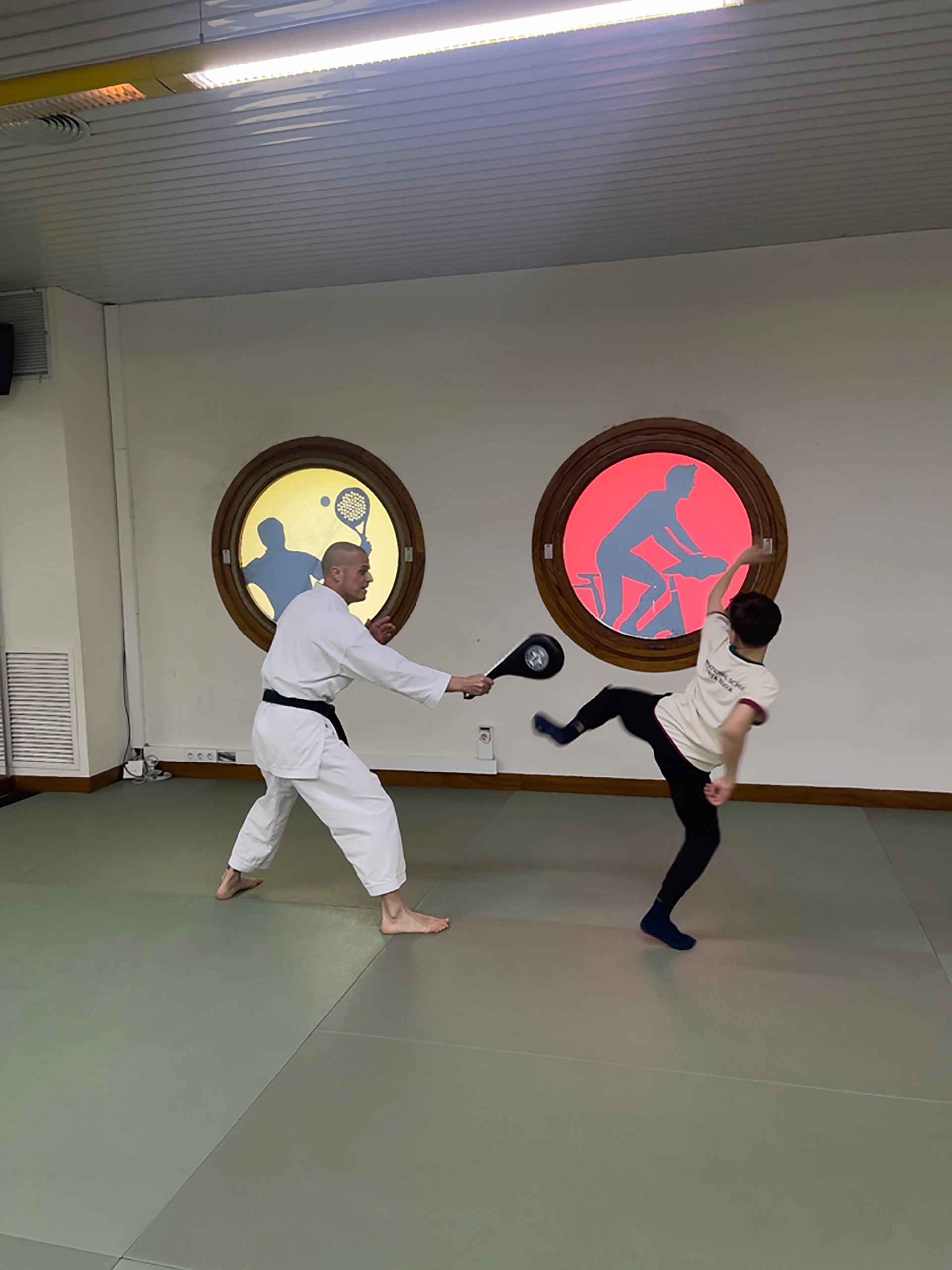 Karate instructor training spinning kicks with student